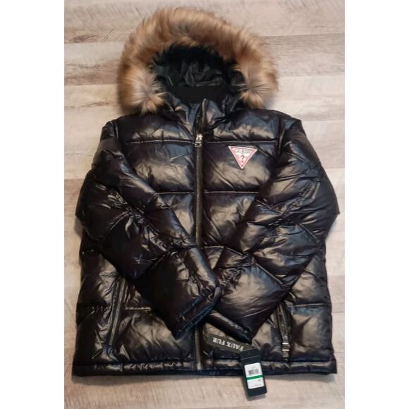 Guess Faux Fur Puffer Jacket Mens NWT Guess Men's Large Black